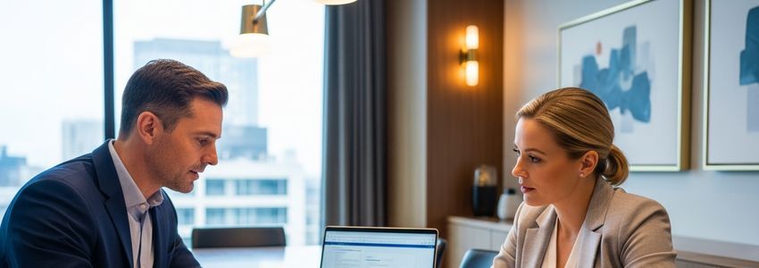 Small business owner reviewing invoice factoring documents in a modern office setting