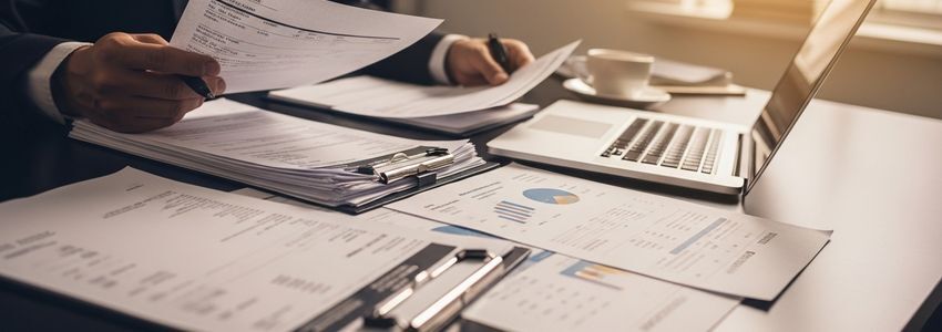 Small business owner reviewing unpaid invoices and financial documents