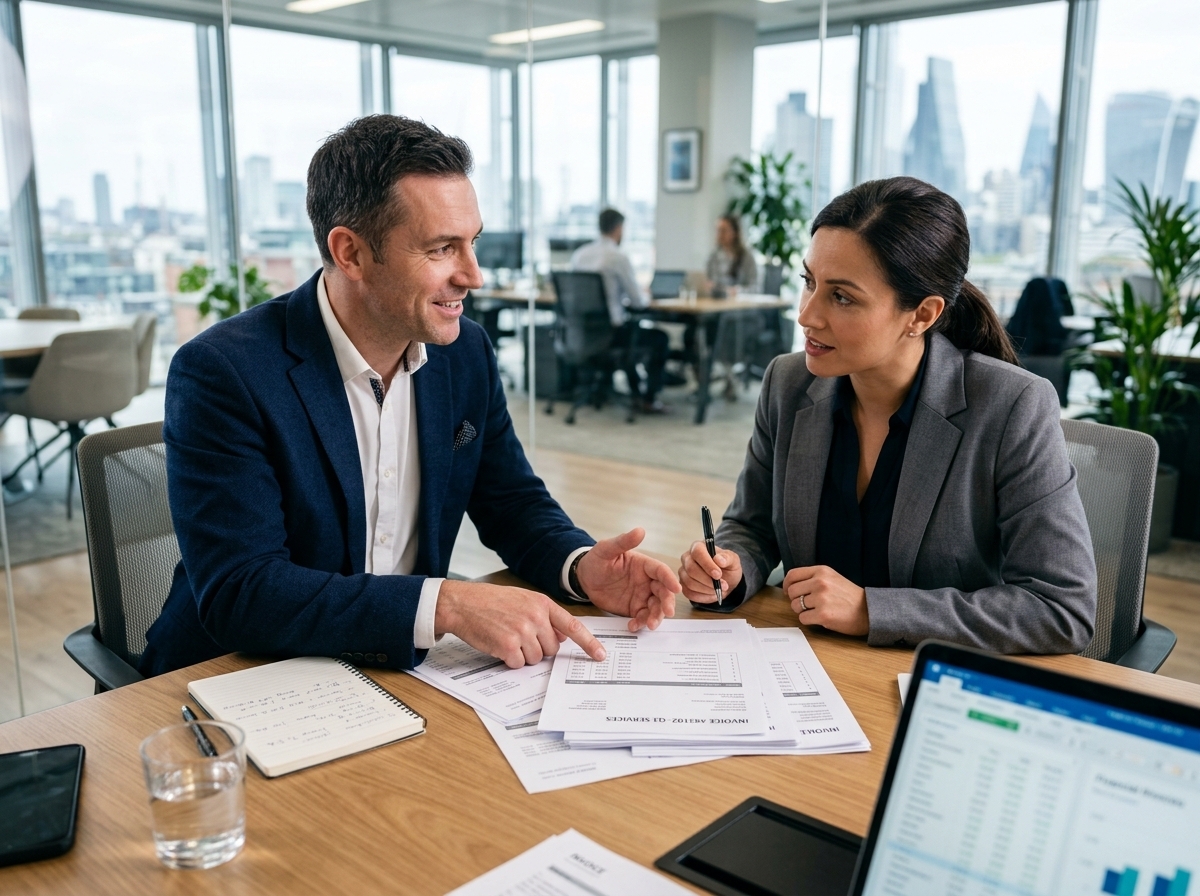 Business financing professional discussing invoice factoring process with a small business client