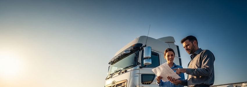 Trucking logistics professional reviewing freight invoices for invoice factoring