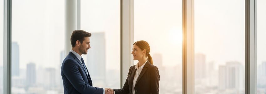 Business professionals reviewing invoice factoring agreement and rate structure in a modern office