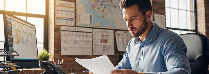 Trucking dispatcher reviewing freight invoices and factoring documents at logistics company office