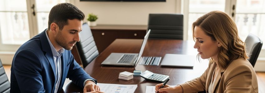 Business professionals reviewing invoice financing documents together