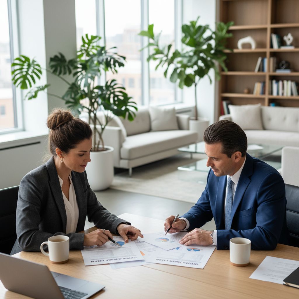 Small business owner and financial advisor comparing invoice factoring and invoice financing options