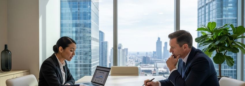 Wholesale distribution business owner reviewing invoice factoring options with financial advisor in modern office