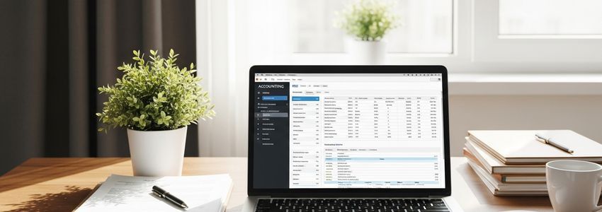 Professional workspace showing a laptop with accounting software and invoicing tools on a clean modern desk