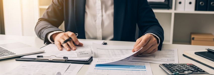 Small business accountant reviewing invoices and receipts at desk