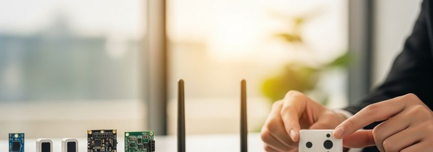 IoT entrepreneur reviewing business loan options and connected device hardware prototypes in a modern tech office
