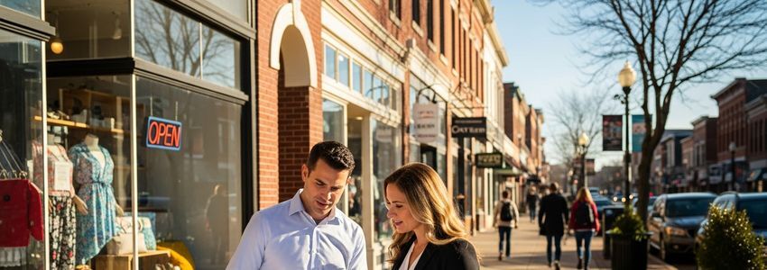 Small business owners discussing growth plans on a commercial street in Iowa City, Iowa