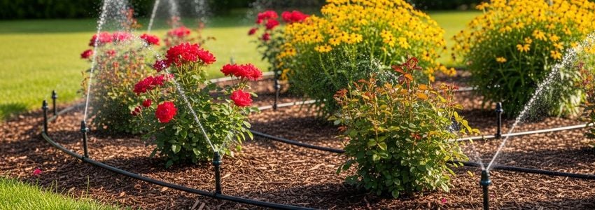 Irrigation drip system installed in a colorful garden bed with flowers and mulch