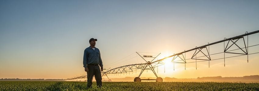 Farmer standing in irrigated crop field with center pivot irrigation system in background