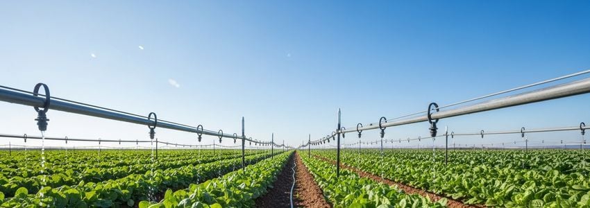 Drip irrigation system installed in commercial farm field with green crops