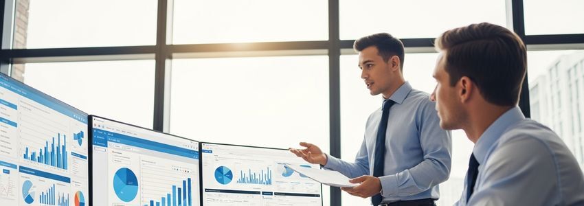 IT consulting firm owner reviewing business loan documents at an office desk