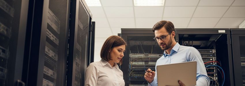 Business professionals reviewing IT equipment financing options in a server room