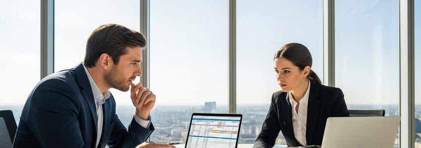 Business professionals reviewing IT equipment lease documents in a modern office