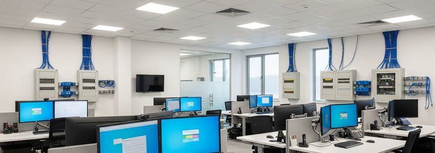 IT support company office with workstations, networking equipment, and professional helpdesk environment