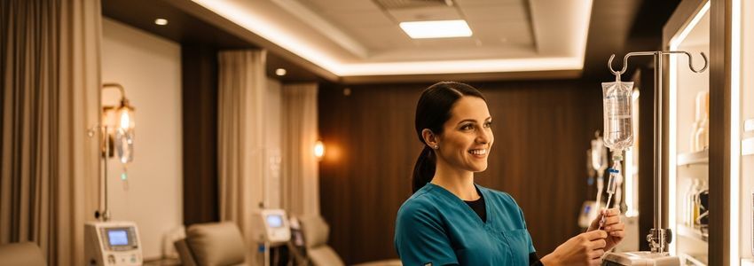 IV drip bar owner reviewing financing options with a business advisor in a modern wellness clinic