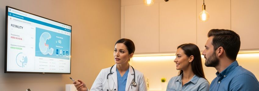 Fertility clinic doctor consulting with patients about IVF treatment plans in a modern medical office setting