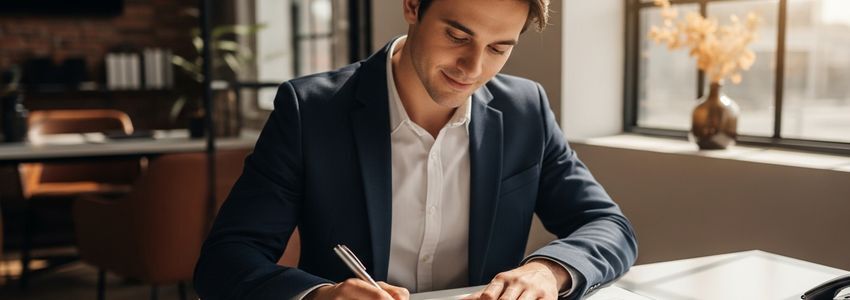 Small business owner in Jackson Mississippi reviewing loan documents and signing paperwork at a professional office desk