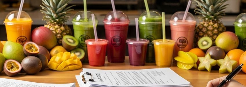 Business owner reviewing Jamba Juice franchise financing documents at a juice bar