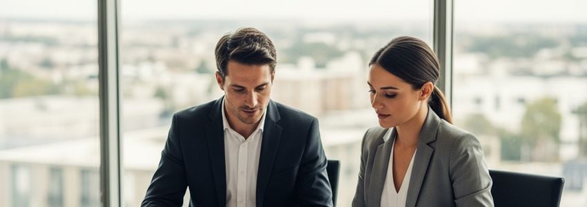 Two business professionals reviewing Jamba Juice franchise loan documents in a modern office