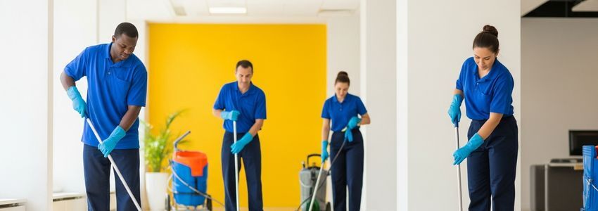 Janitorial cleaning business owners reviewing financing options for their cleaning company