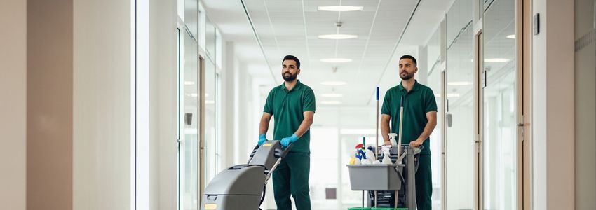 Small business owner inspecting commercial janitorial equipment for financing