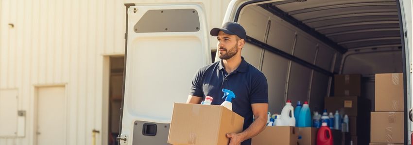 Janitorial supply company delivery driver loading cleaning supplies into a delivery van