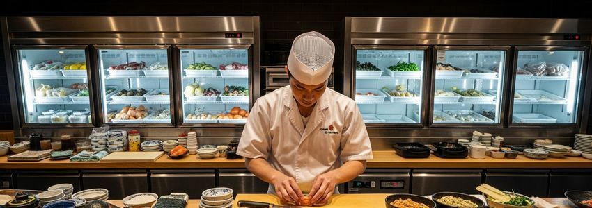Japanese restaurant sushi chef preparing dishes with professional kitchen equipment and refrigerated display cases