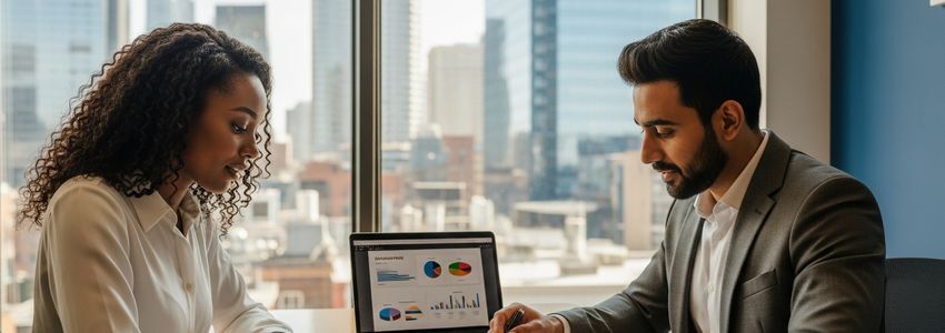 Small business owners in Jersey City New Jersey reviewing business loan application documents on a laptop