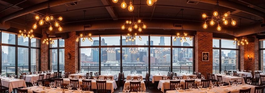 Jersey City restaurant owner reviewing financing options with a business advisor in a waterfront dining room