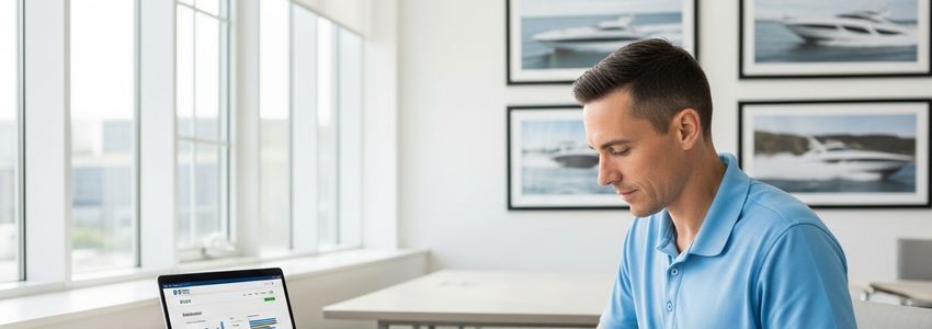 Business owner reviewing jet ski financing documents at desk