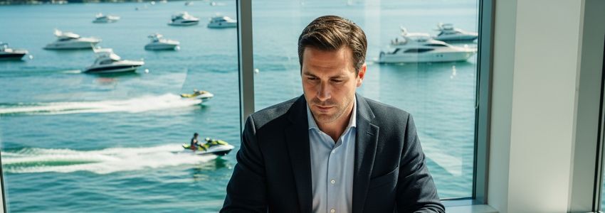Business owner reviewing jet ski financing paperwork at marina office