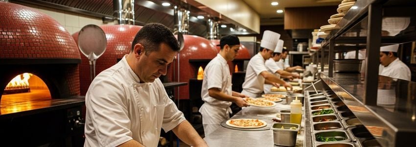 Jet's Pizza restaurant financing - commercial kitchen with pizza ovens and preparation area