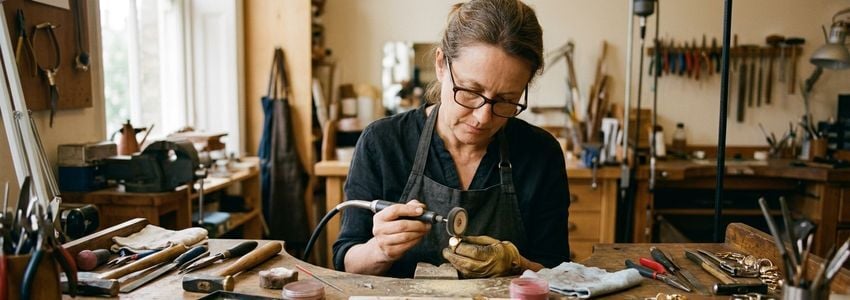 Jewelry manufacturer hand polishing a finished gold ring at a workbench in a professional jewelry studio