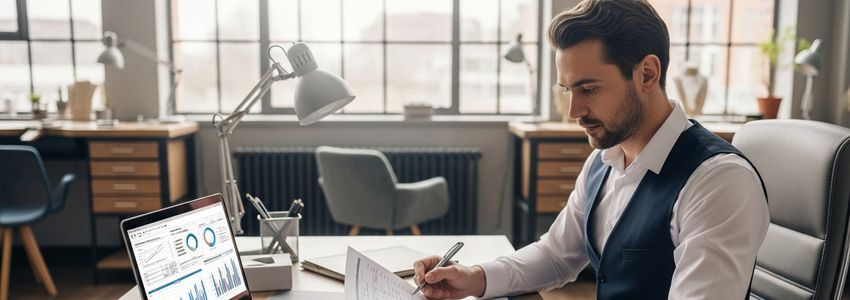 Jewelry repair shop owner reviewing business loan documents at a professional desk