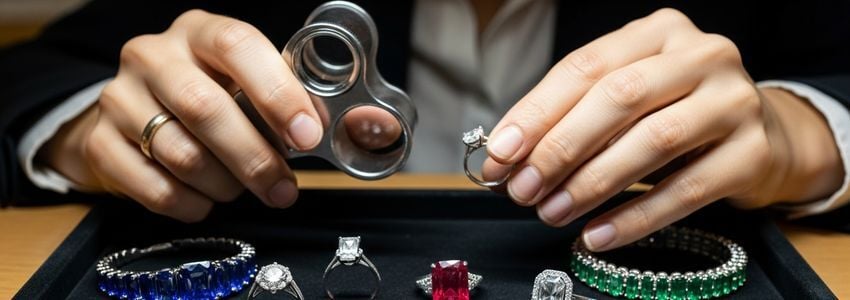 Jeweler examining gemstone inventory and diamond rings for jewelry store financing