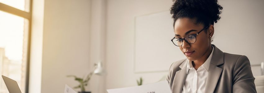 Business owner reviewing Jimmy John's franchise loan documents at a professional office desk