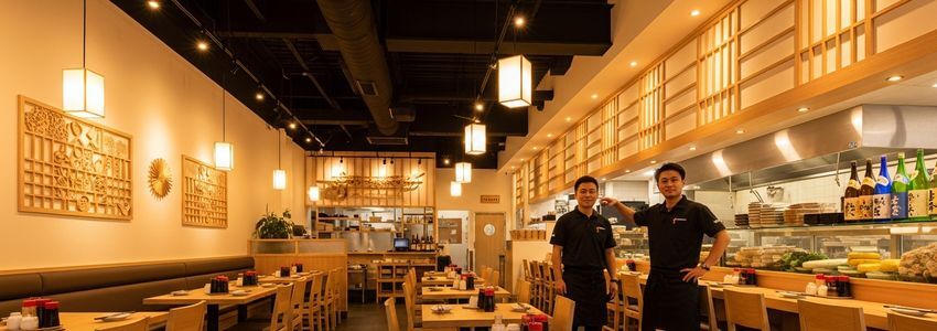 Jinya Ramen Bar franchise owner reviewing financing documents at a modern Japanese restaurant