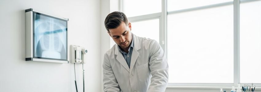 Chiropractor reviewing franchise financing documents in a professional clinical setting