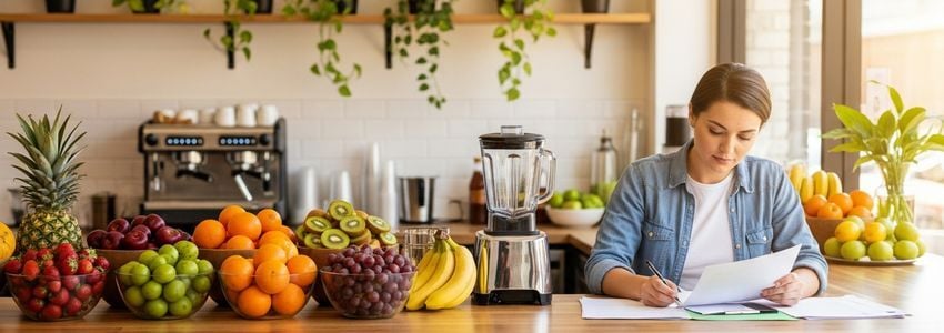 Juice bar owner reviewing business financing documents at a modern smoothie shop counter