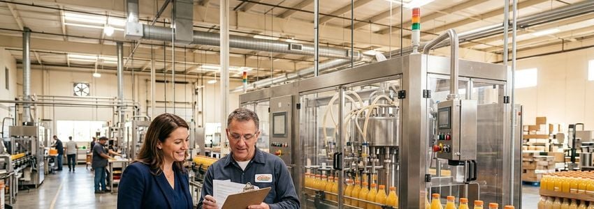 Beverage production worker inspecting bottled juice on a commercial bottling line