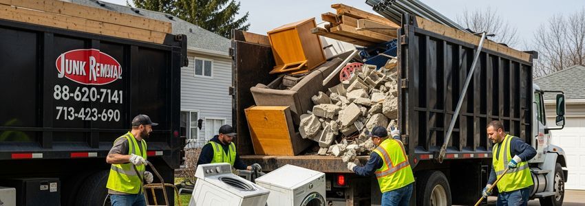Junk removal truck being loaded with furniture and debris at a residential property