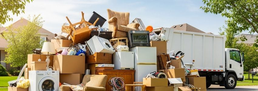 Junk removal franchise crew loading truck at residential property