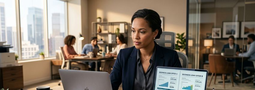 Business owner reviewing business loan comparison options on a laptop at a professional office desk