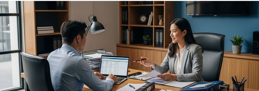 Karaoke bar owner reviewing business loan options with a financial advisor