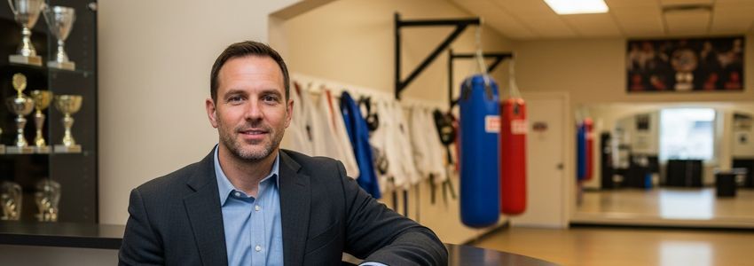 Karate studio owner reviewing financing options at a front desk