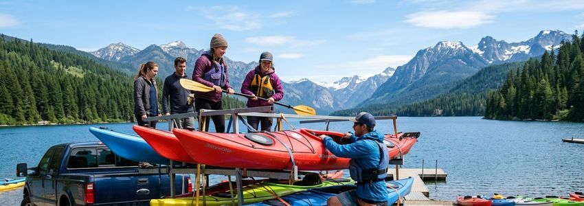 Kayak guide business owner loading kayaks onto a trailer at a river launch site