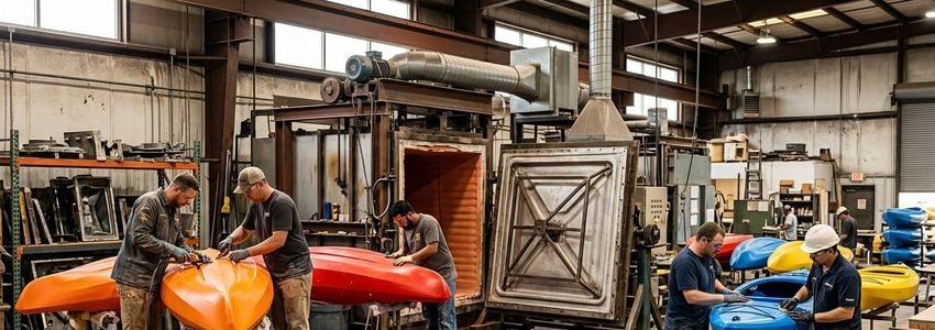 Manufacturing shop floor with rotational molding equipment used to produce kayak hulls