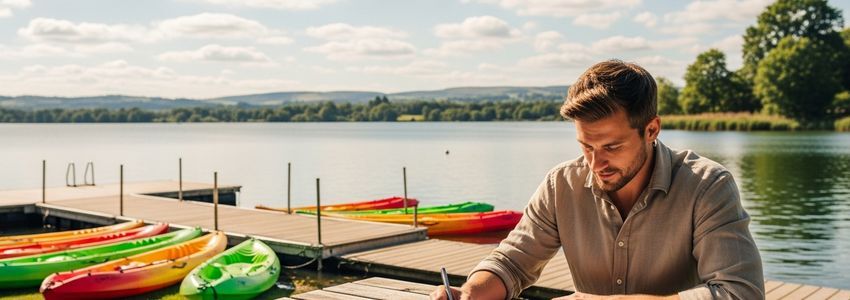 Kayak rental business owner reviewing financing documents near water with kayaks in background